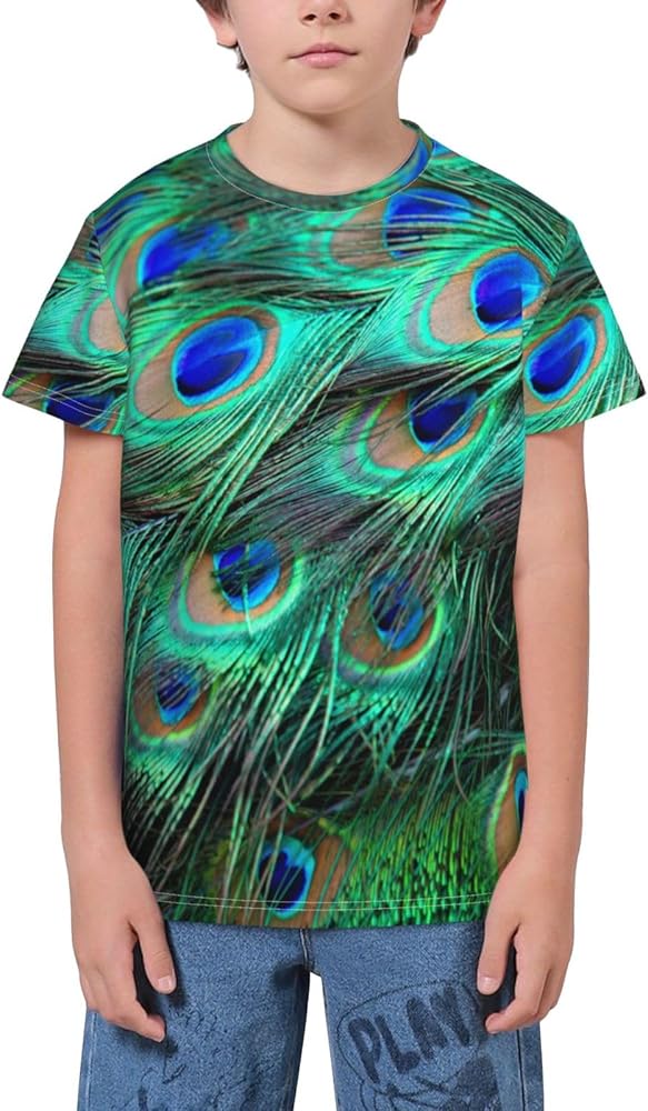 Peacock Feathers Green Blue Teen Boys Short Sleeve Crew Neck T-Shirt Casual Tee Tops for Youth Kids