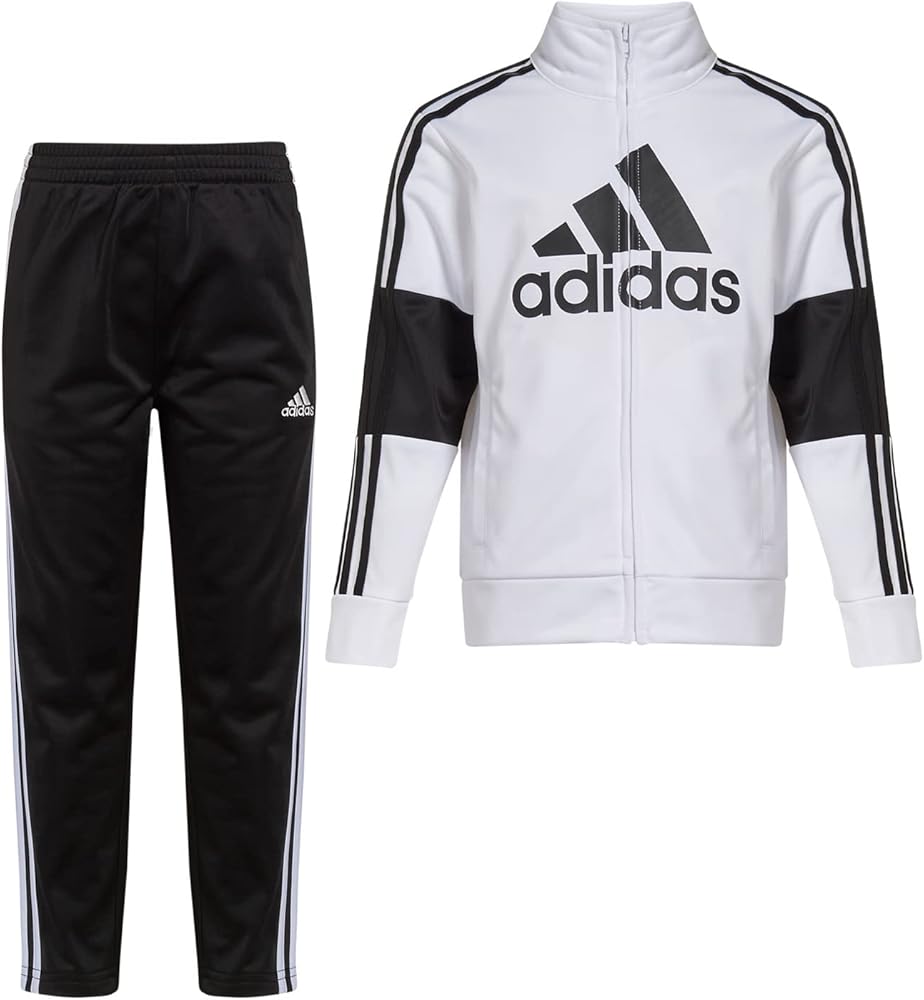 adidas Boys' Little Tricot Jacket & Pant Clothing Set, White Stripe 3S, 4 (AG6415C)