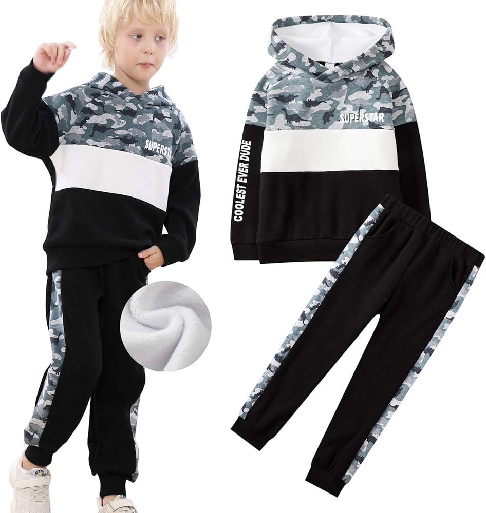 Boys Tracksuit Set Velvet Long Sleeve Hoodie Sweatshirt and Jogger Pants Winter Outfits Camouflage Print Grey 10Y