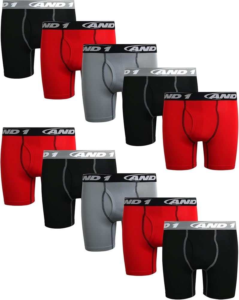 AND1 Boys' Boxer Briefs - 10 Pack Functional Fly Compression Boys Boxers - Performance Underwear for Boys (6-18)