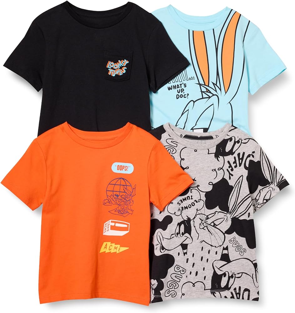 Amazon Essentials Looney Tunes Boys and Toddlers' Short-Sleeve T-Shirts, Pack of 4