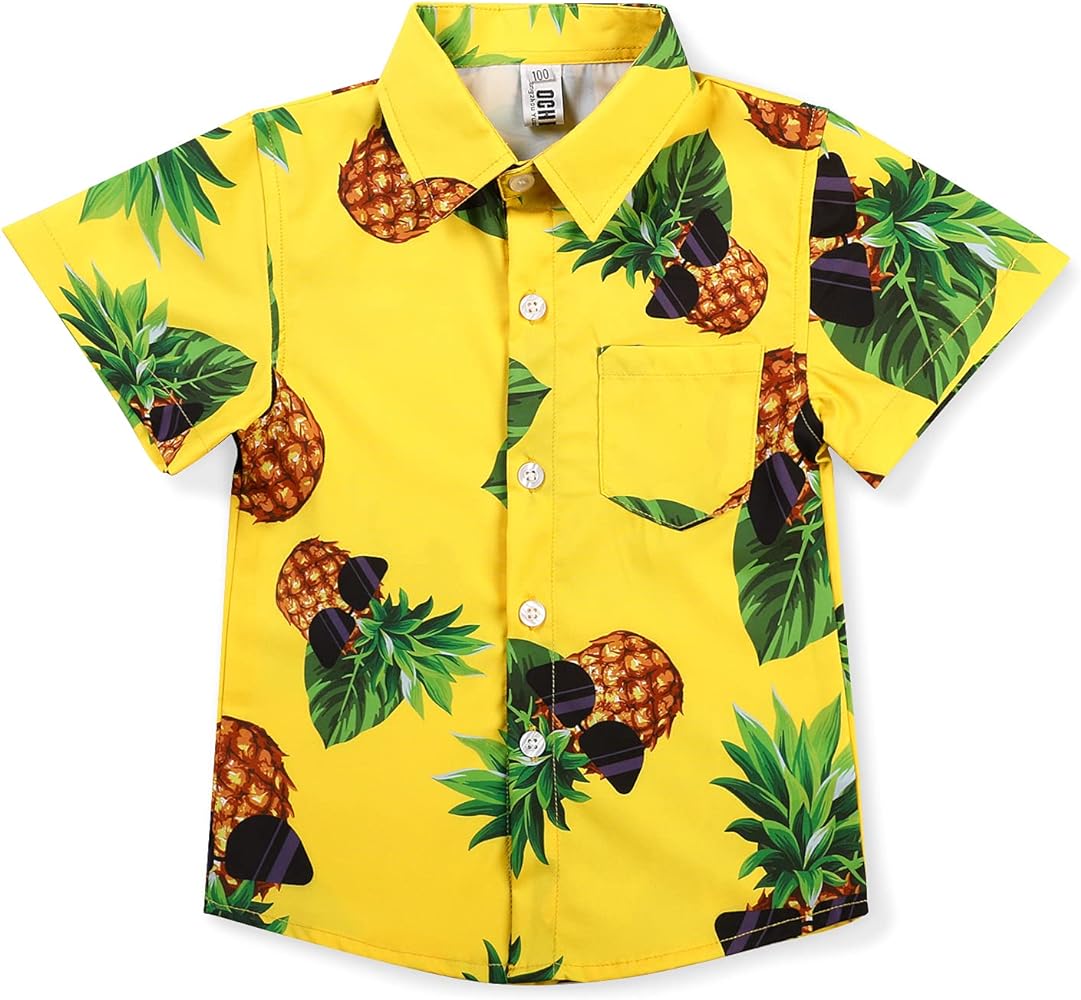 OCHENTA Boys Pineapple Hawaiian Shirt Short Sleeve Button Down Tropical Beach Summer Clothes