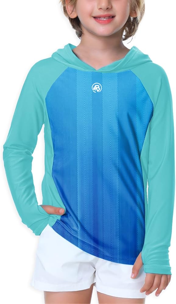 AOBUTE Unisex Kids Long Sleeve Hoodie Rash Guard Boys UPF 50+ Swim Top with Thumb Hole 3-12 Years