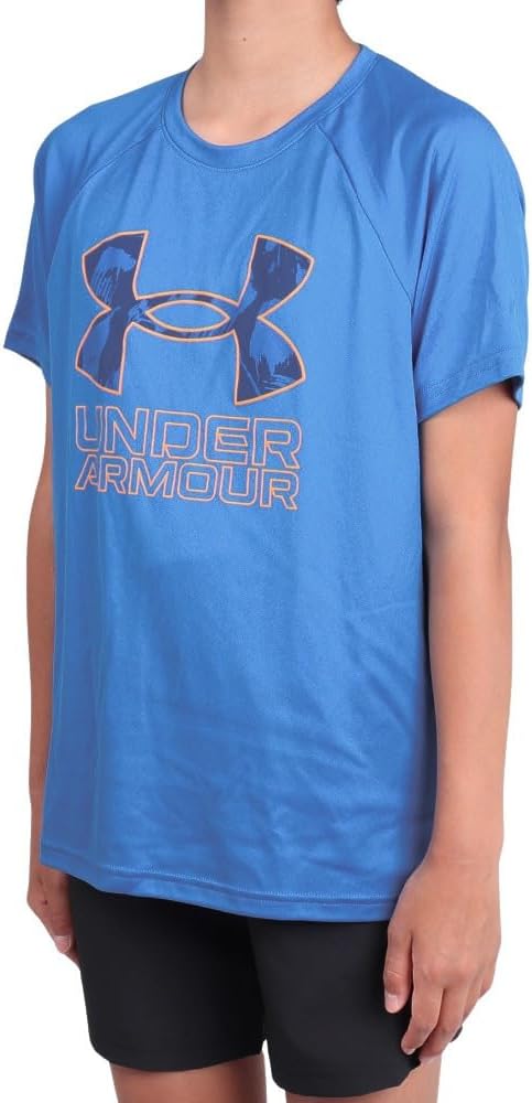 Under Armour Boys' Tech Hybrid Printed Fill Short-Sleeve T-Shirt, (406) Photon Blue / / Atomic, Medium