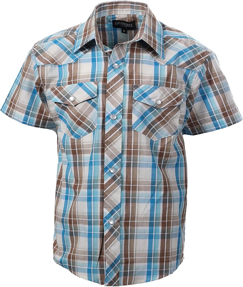 Gioberti Boys Casual Western Plaid Pearl Snap-on Buttons Short Sleeve Shirt