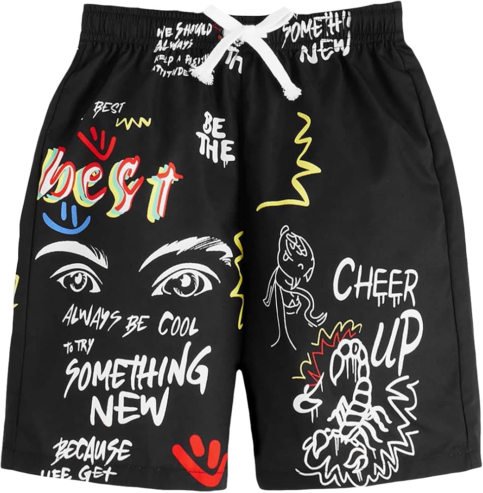 WDIRARA Boy's Letter Graphic Print Drawstring High Waist Casual Shorts with Pockets