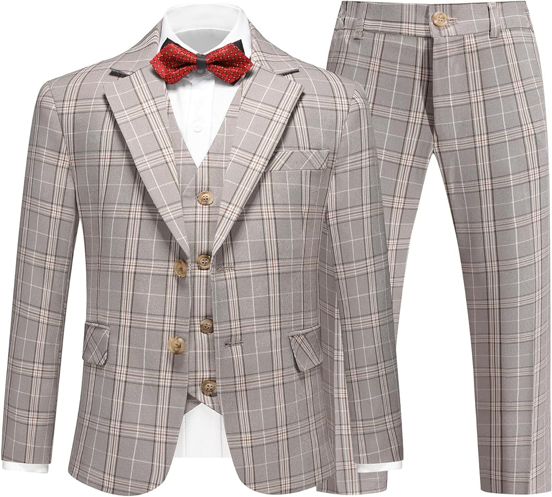 Boys Tuxedo Suits Size 4-16 Plaid Stripe Dress Suit Jacket for Boys 3 Piece Tweed Pinstripe Slim Fit Suits Set