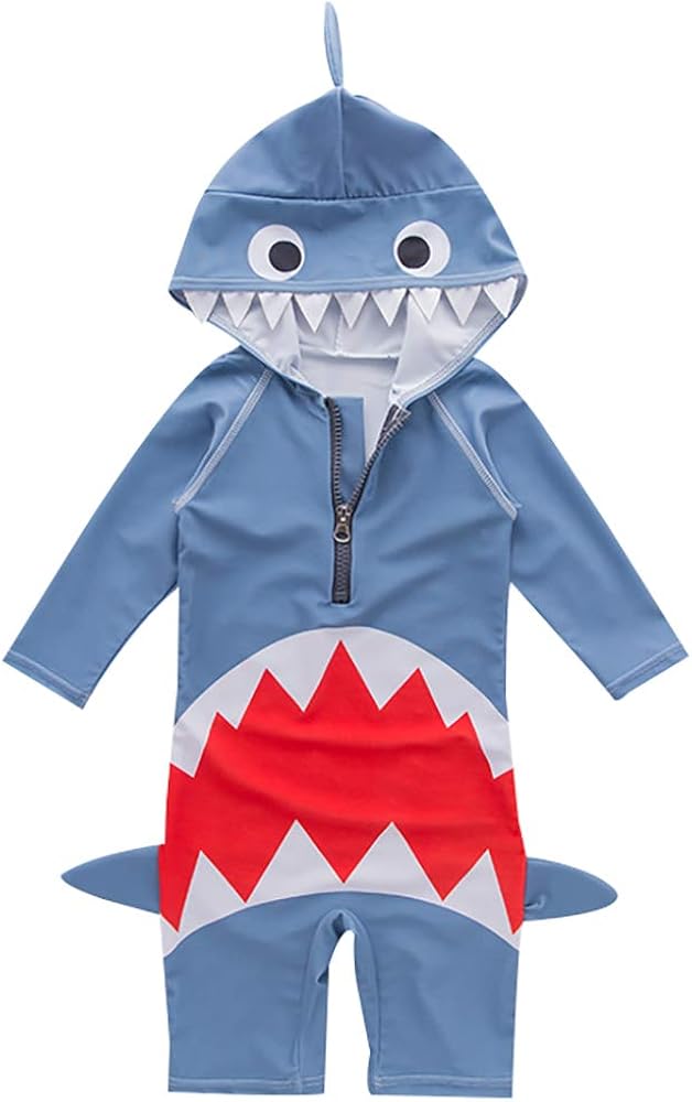 Little Boys One Piece Shark Swimsuits Rash Guard Hoodie Swimwear UV Protection