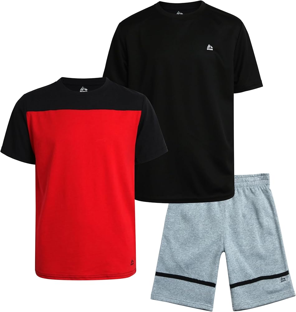 RBX Boys' Active Shorts Set - 3 Piece Performance T-Shirt and Fleece Sweat Shorts - Kids' Activewear Set for Boys (4-12)