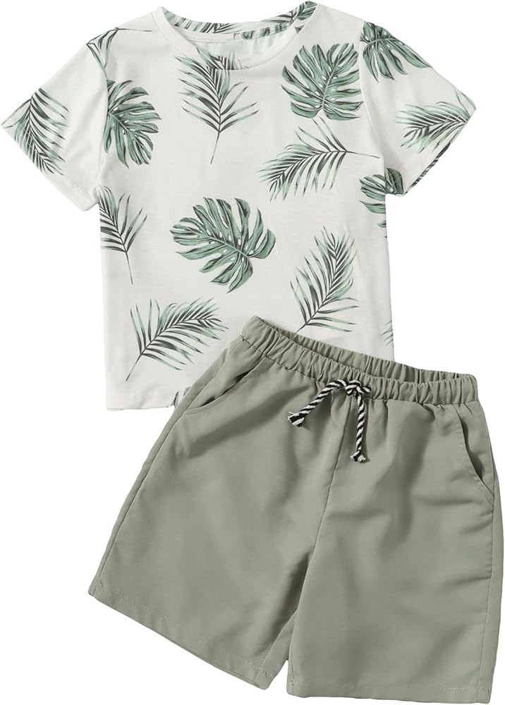 Verdusa Toddler Boy's 2 Piece Outfits Tropical Print Short Sleeve Tee Top and Shorts Set