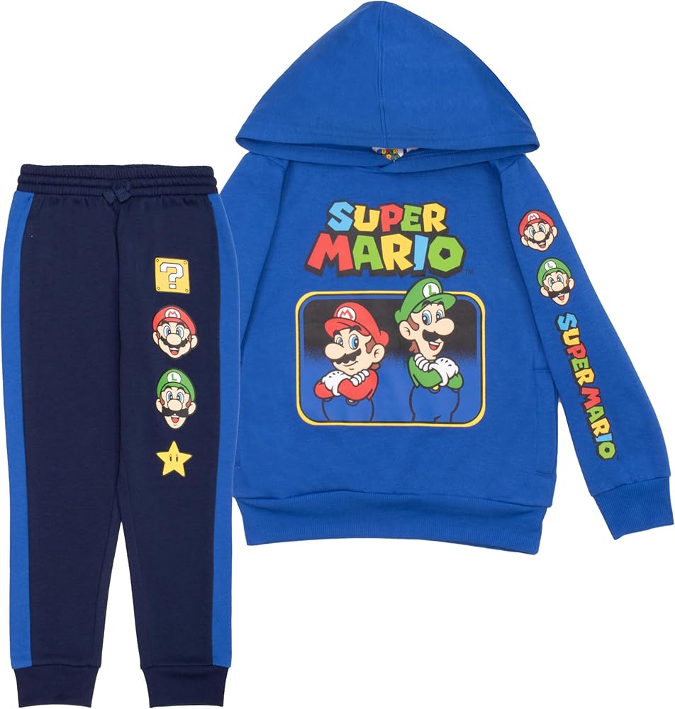 Nintendo Super Mario Bros, Bowser, Donkey Kong Boys Matching Sets Pullover Hoodie and Jogger Fleece Set 2 Piece Bundle