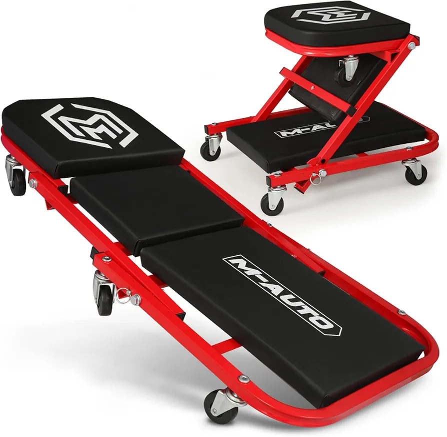 M-AUTO Foldable Z Creeper 2-in-1 Rolling Folding Car Creeper & Seat, 36" Adjustable Roller Garage Chair Lay Down or Sit, 330LBS Capacity Under Car Roller Creeper with 6 Swivel Casters, Red