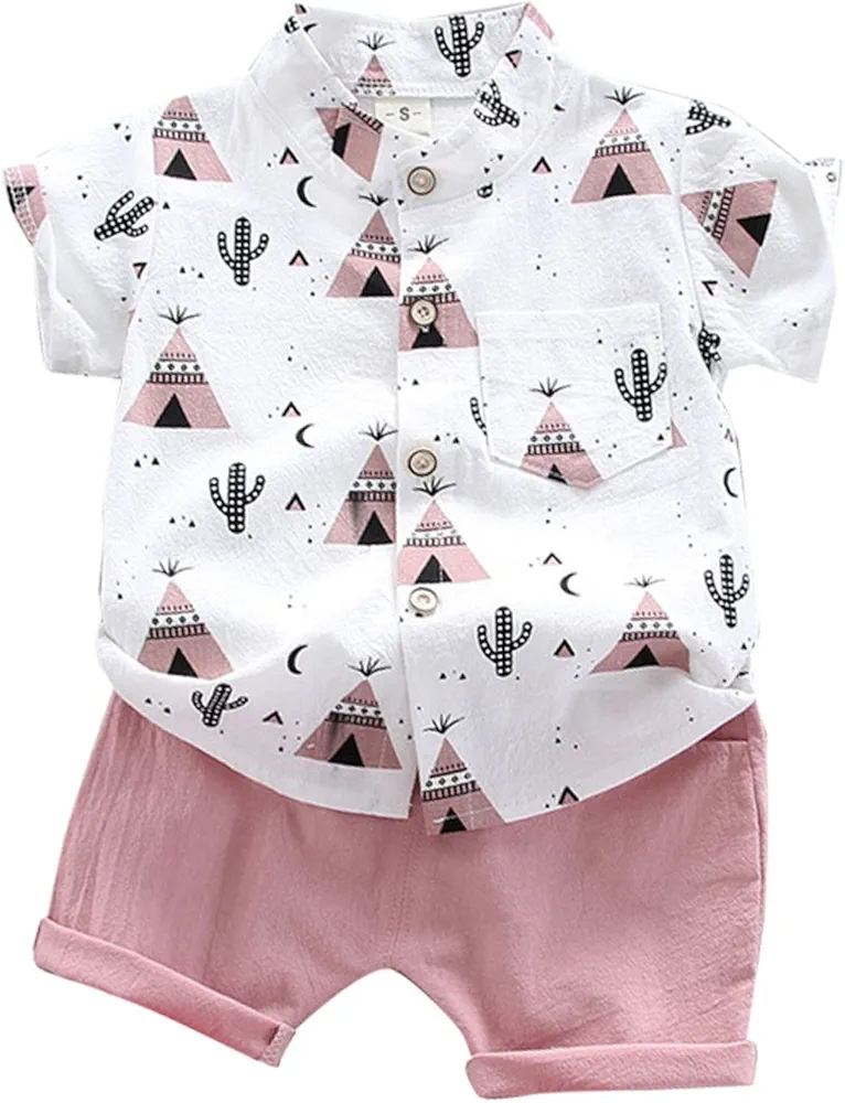 Summer Thin Cute Cartoon Printing Solid Color Shorts Lapel Short Sleeve T Shirt Two Piece Set (Pink, 6-12 Months)