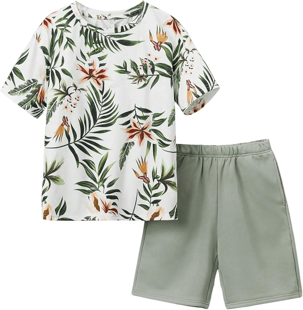 Floerns Boy's 2 Piece Outfits Tropical Crewneck Short Sleeve Tee and Shorts Set