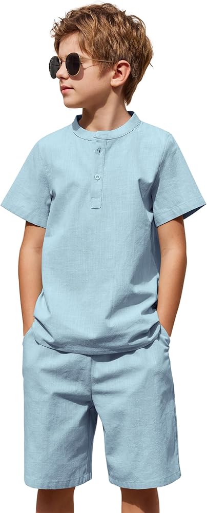 Arshiner Boy's 2 Pieces Linen Set Casual Henley Shirts Short Sleeve Beach Shorts Summer Shorts Outfits for 10-11Years Light Blue