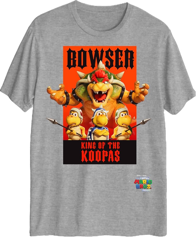 Nintendo The Super Mario Bros. Movie Bowser King of The Koopas Kid's Short Sleeve T-Shirt (Light Grey, Small)