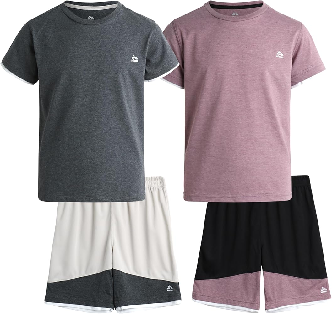 RBX Boys' Active Shorts Set - 4 Piece Performance T-Shirt and Shorts Kids Clothing Set (8-12)