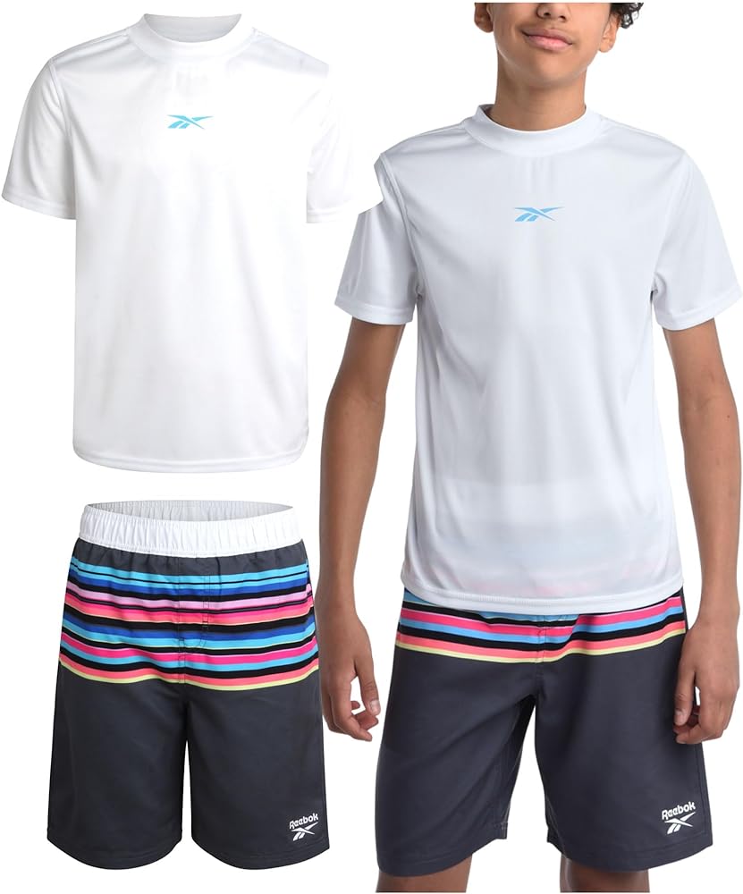 Reebok Boys' Rashguard Set - 2 Piece UPF 50+ Quick Dry Swim Shirt and Bathing Suit Trunks - Swimwear Set for Boys (4-12)