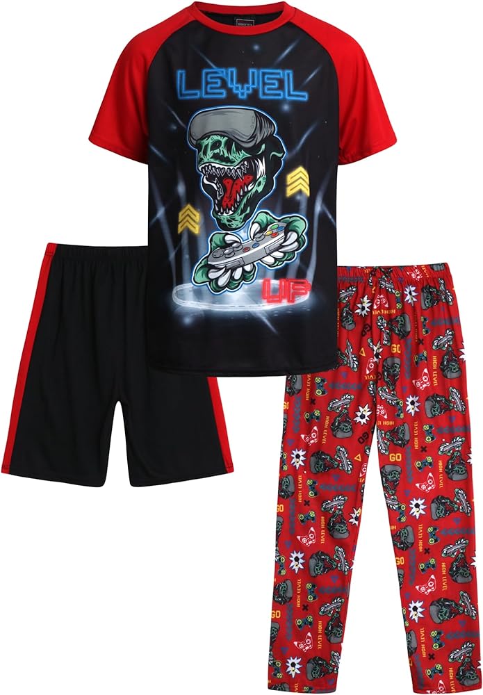 Boys' Pajama Set - 3 Piece Sleep Shirt, Pajama Pants, and Lounge Shorts (8-18)