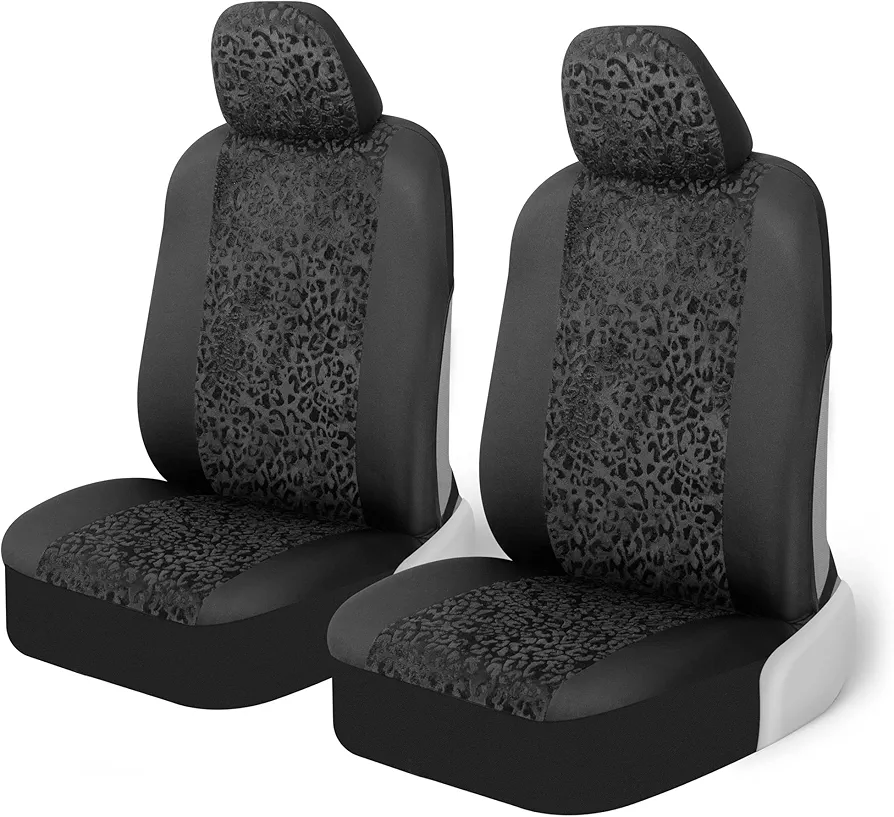 BDK Black Leopard Car Seat Covers for Front Seats, Animal Print Front Seat Cover Set with Matching Headrest, Sideless Design for Easy Installation, Fits Most Car Truck Van and SUV, (Pack of 2)