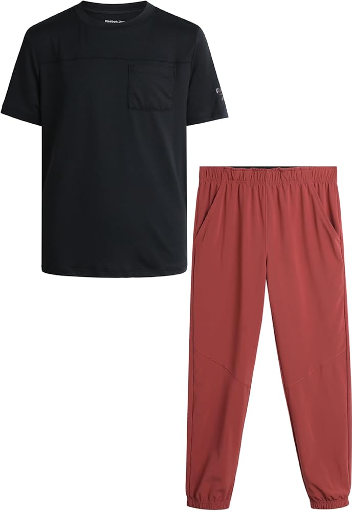 Reebok Boys' Pants Set - 2 Piece Short Sleeve T-Shirt and Woven Hybrid Tech Jogger Pants - Spring Outfit Set for Boys (8-12)