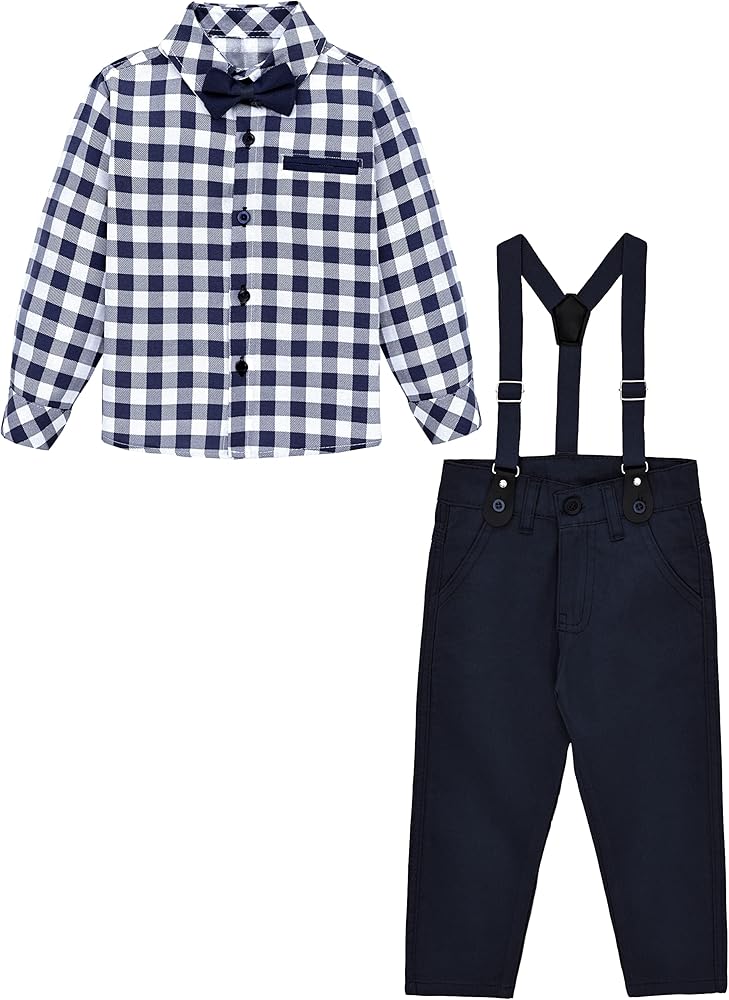 Lilax Boys Wedding Outfit, Toddler & Young Boys' Fashion Pant Set, Plaid Dress Shirt, Pants, Bowtie and Suspenders