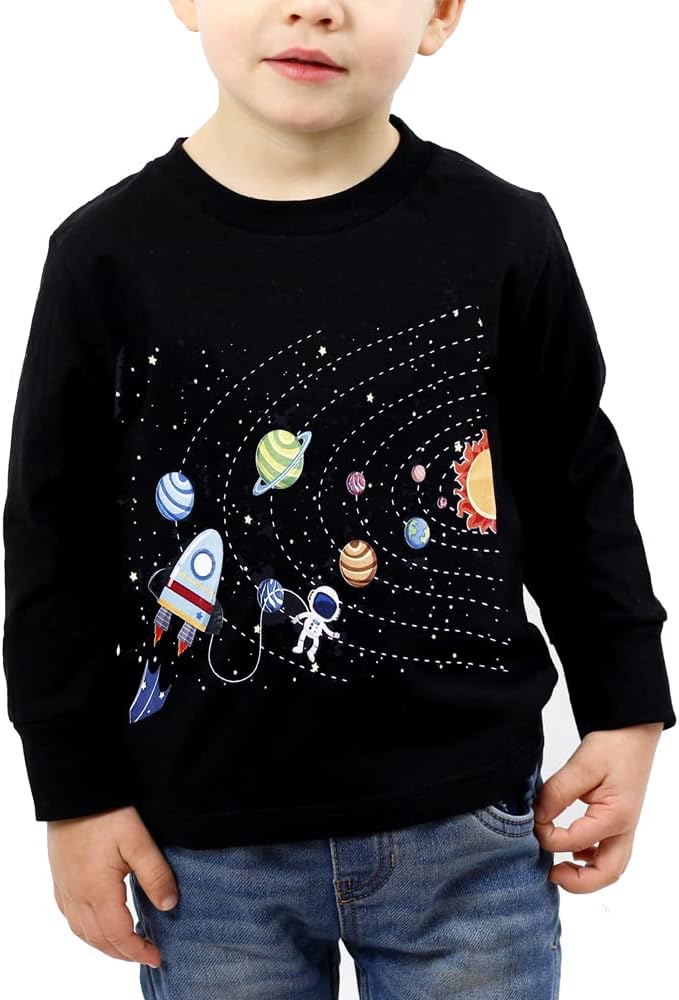 Popshion Toddler Boy Space Planet Cotton Shirts Long Sleeve Kids Clothes Cartoon Graphic T-Shirt