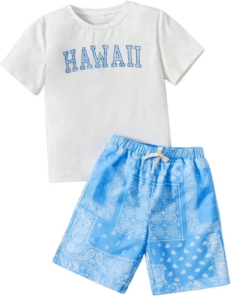 SOLY HUX Boy's Summer Beach Outfit Graphic Short Sleeve Tee with Shorts Boho 2 Piece Set