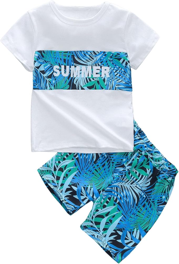 Floerns Toddler Boy's 2 Piece Outfits Summer Tropical Print Tee Shirts with Shorts Set