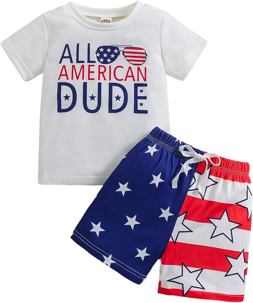 HopeKitt Toddler Boy Round Neck T-shirt and Shorts Set Clothes For Independence Day