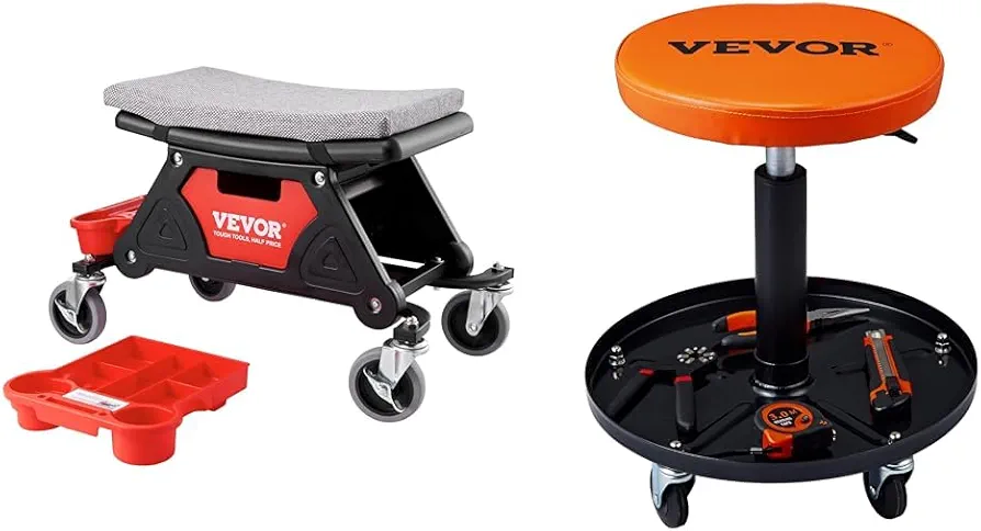 VEVOR Mechanic Stool 300 LBS Capacity with Wheels, Heavy Duty Rolling Tool Seat and 250 LBS Pneumatic Creeper Garage/Shop Seat for Automotive Auto Repair