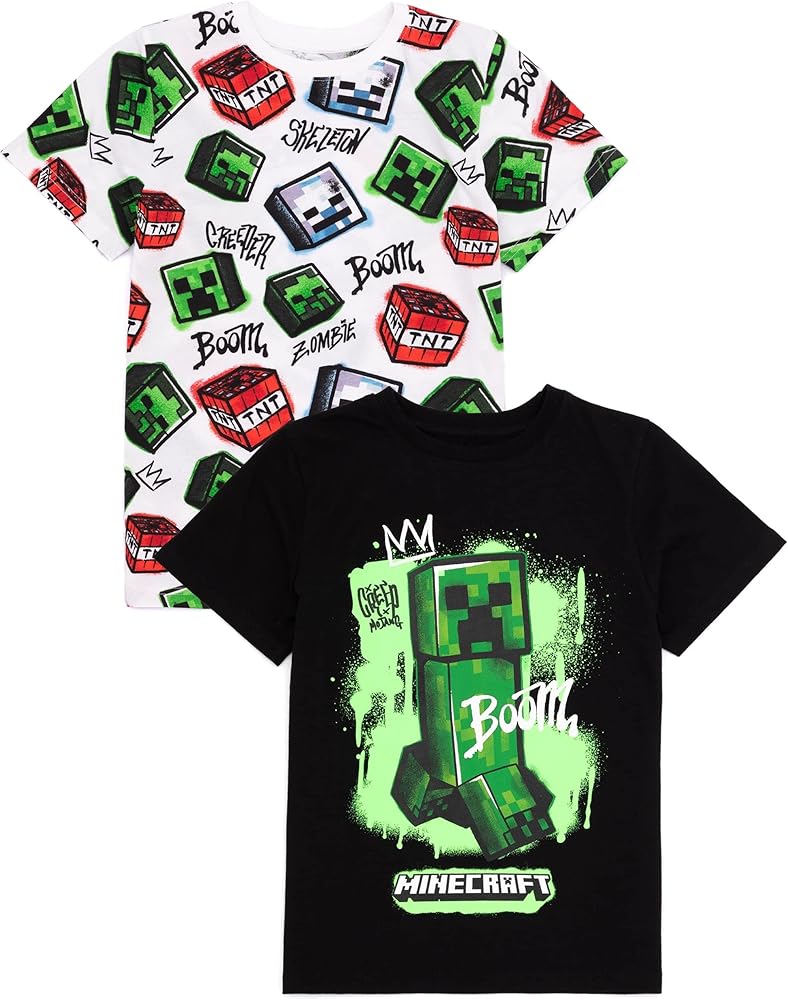 Minecraft Kids 2 Pack T-Shirt | Boys & Girls Black and White Short Sleeve Graphic Tee | Skeleton & Creeper | Multi-Pack Set