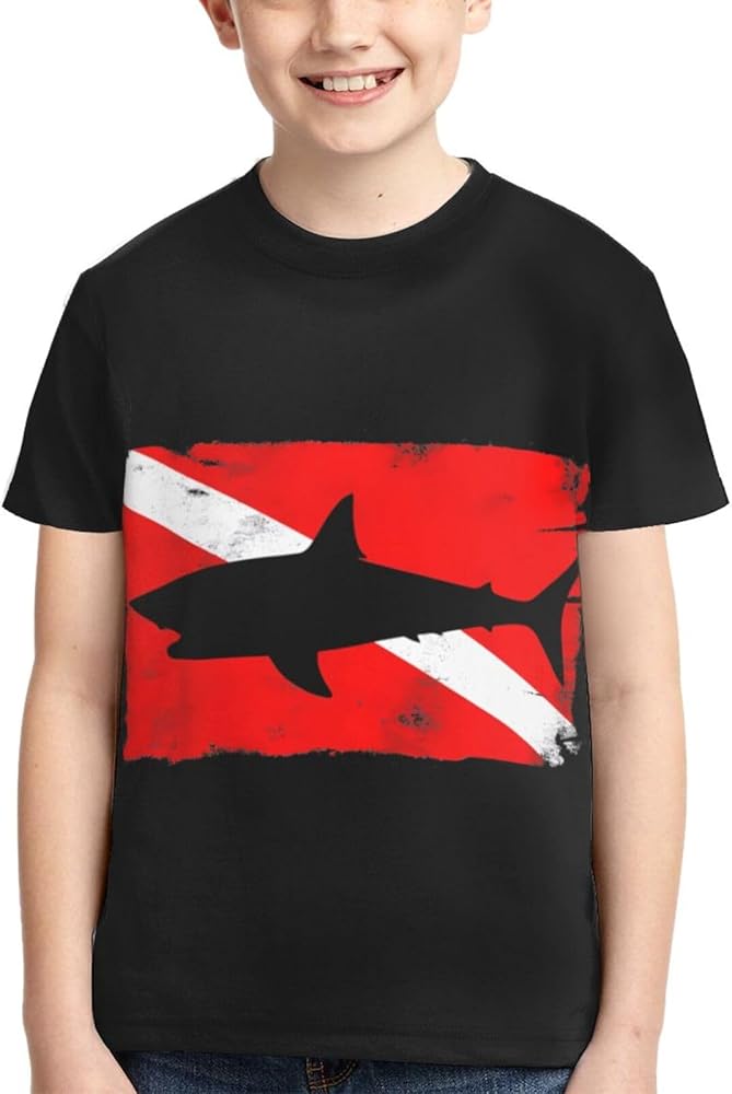 Vintage Shark Scuba Dive Flag Boys Girls Shirts Kids Short Sleeve Classic Crewneck Top Tee