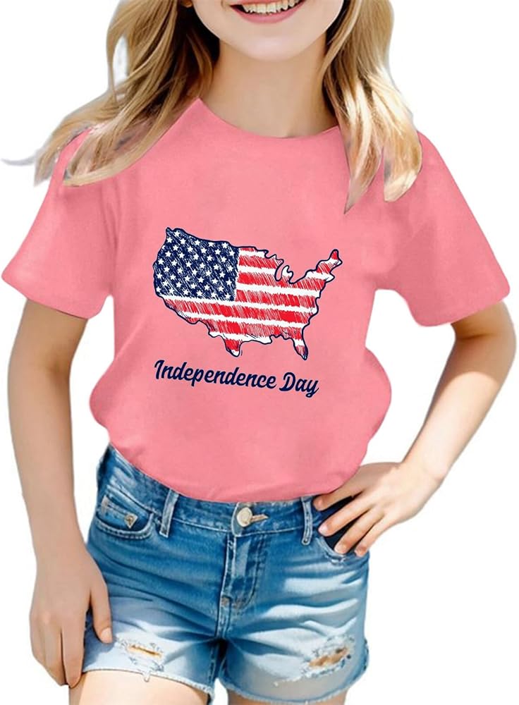 4th of July Outfits for Girls Boys 3D Graphic Printed Tees Shirt Novelty Short Sleeve Crewneck Independence Day Shirts Unisex