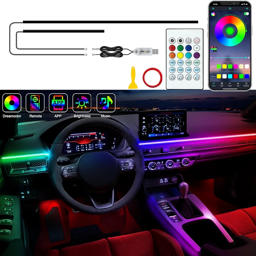 Interior Car LED Strip Lights, Acrylic LED Lights for Car with Dreamcolor Chasing, USB RGB Car Ambient Lighting Kits, Music Sync Dynamic Start Scan (43.3+14.5 inches)