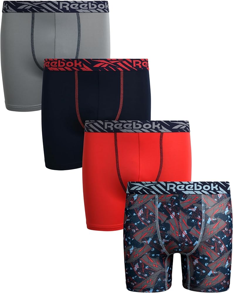 Reebok Boys Boxer Briefs - 4 Pack Soft Comfort Performance Stretch Boys Underwear - Breathable Boxers for Boys (6-18)