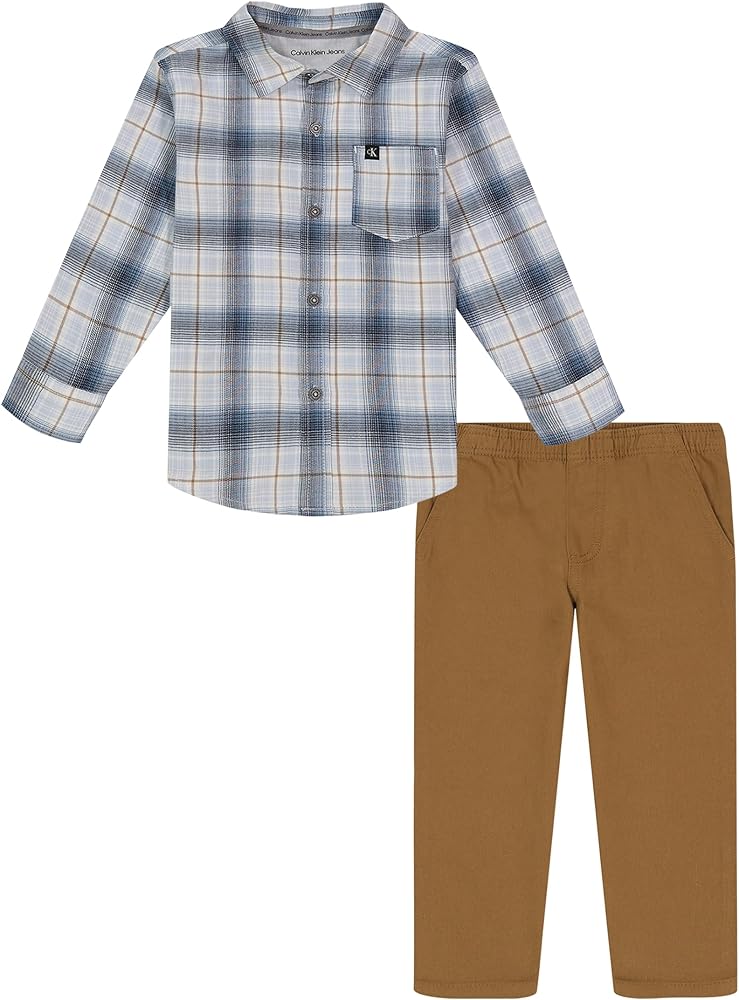 Calvin Klein Boys 2-Piece Long Sleeve Woven Shirt & Pant Set, Everyday Wear, Comfortable Fit, Ermine/Plaid