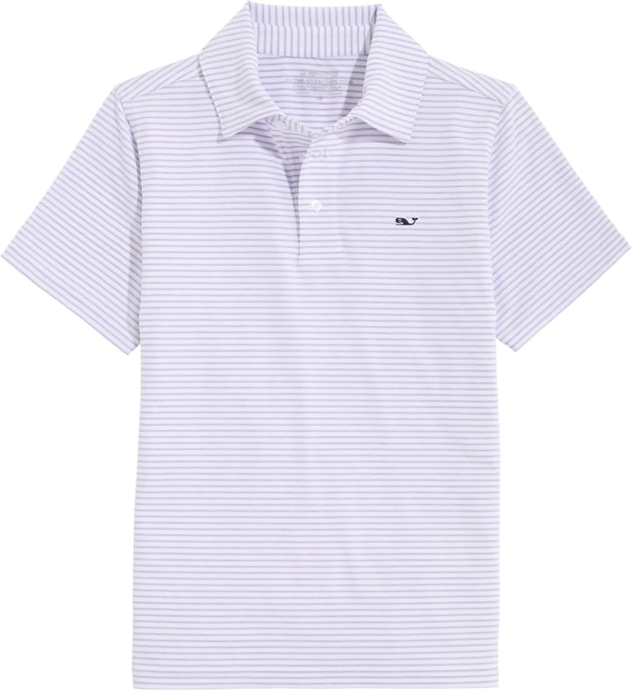 vineyard vines Boys' Bradley Stripe Sankaty Polo, White Cap/Iris Tejeda