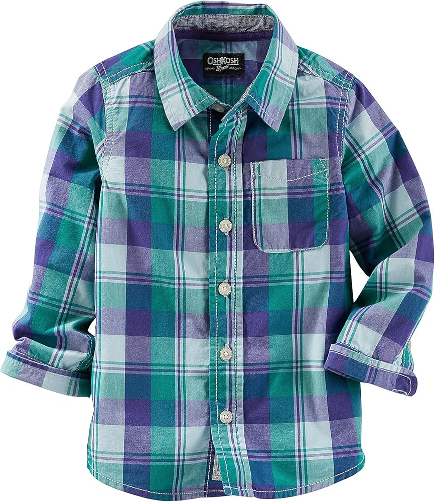 OshKosh B'Gosh Boys' 2T-7 Long Sleeve Plaid Button Down Shirt 4 Blue/Green