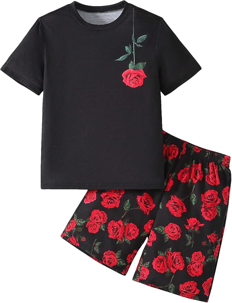 Boy's 2 Piece Outfits Floral Print Short Sleeve Crewneck T Shirt and Shorts Set Summer Outfits