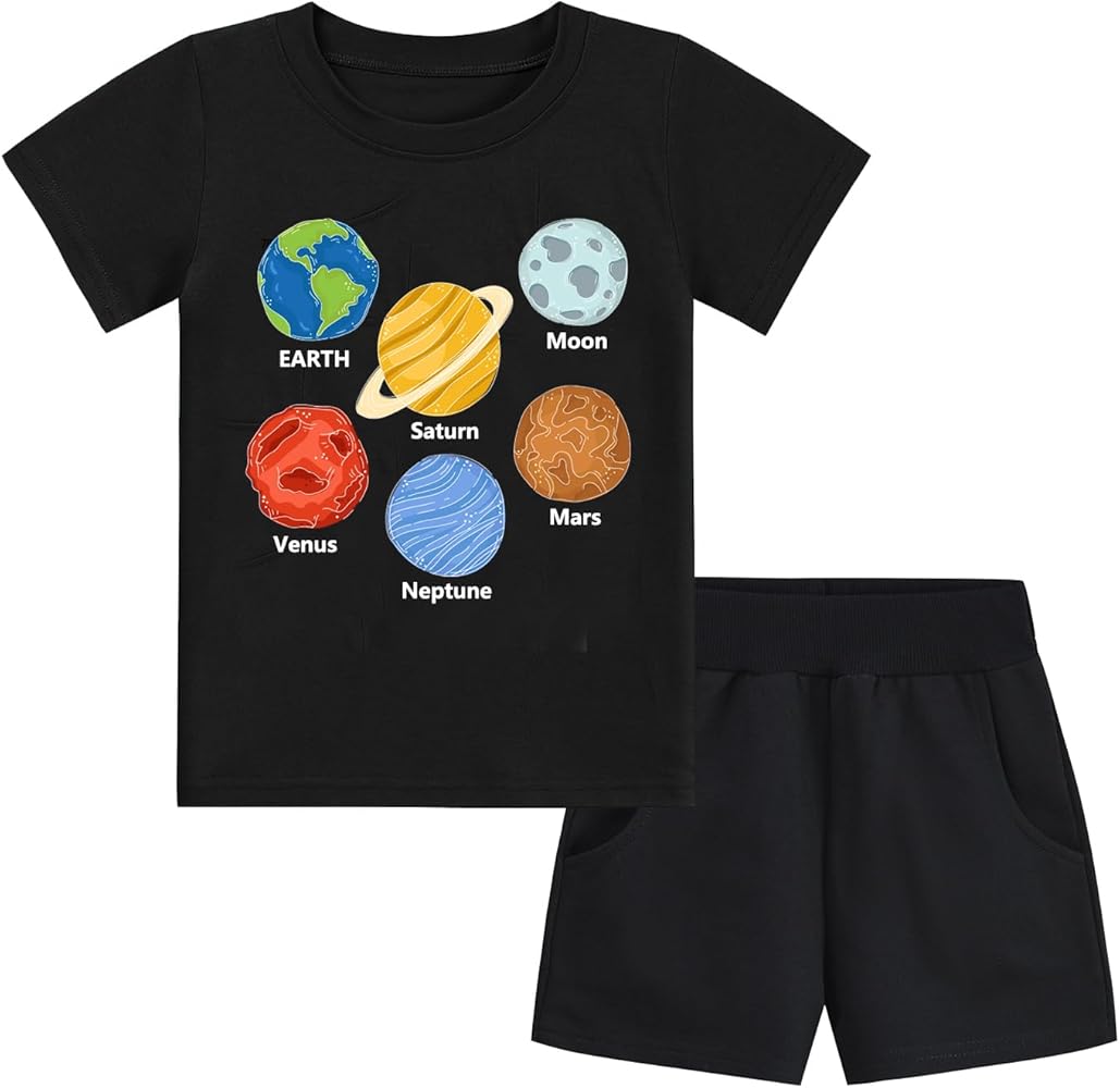 Tkria Boys Outfits 2 Piece Short Sets Planets Ball Animals Toddler Shirts and Shorts Set 2-7T