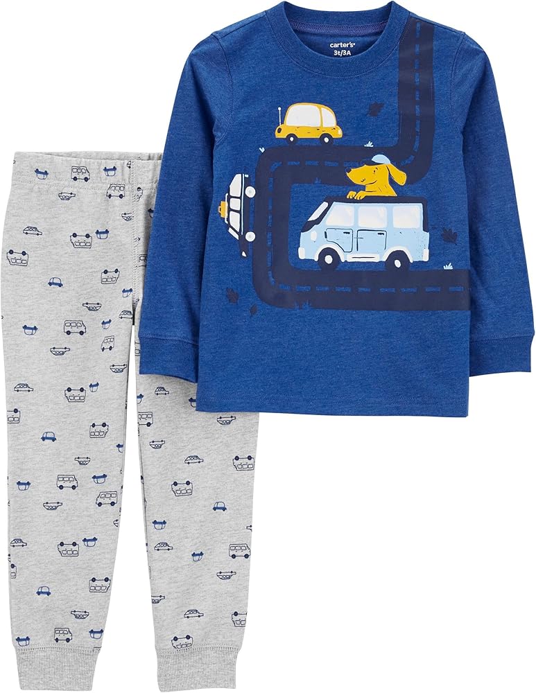 Carter's Boys' 2T-4T 2 Piece Long Sleeve Knit Top and Pants Set (Blue/Grey Dog Cars, 2T)