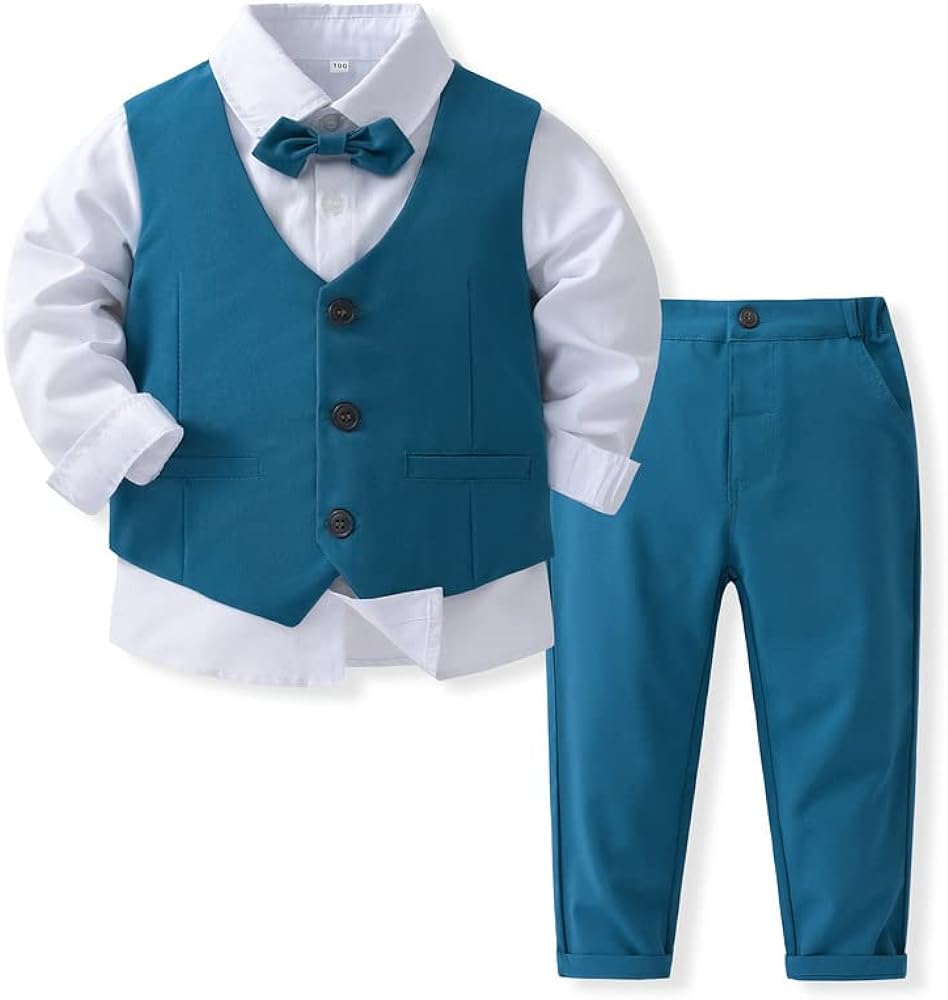 Boys Gentleman Suits Toddler Kids Wedding Outfit Clothes 4 Pieces Dress Shirt & Pants & Vest Set with Bowtie, 2-8 Years