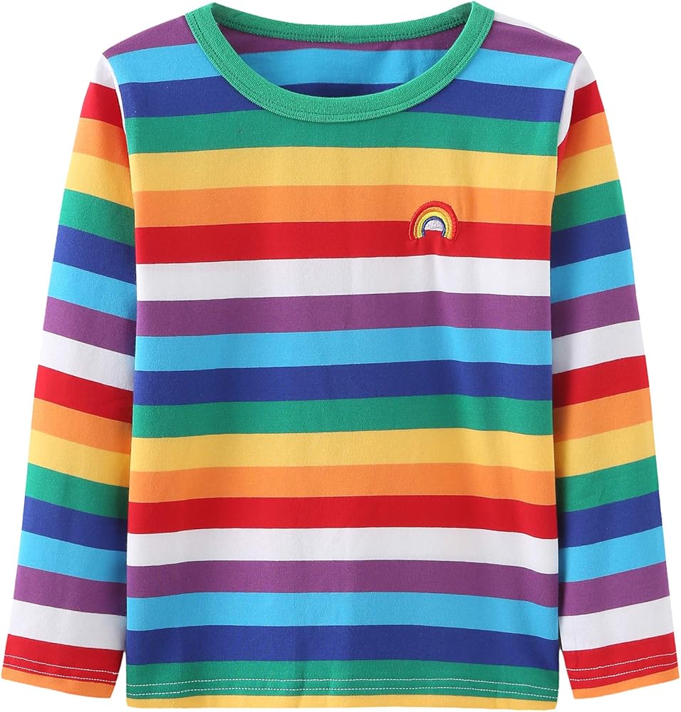 Boys Rainbow Striped Shirts for Kids Long Sleeve O-Neck Tops Cotton T-Shirts