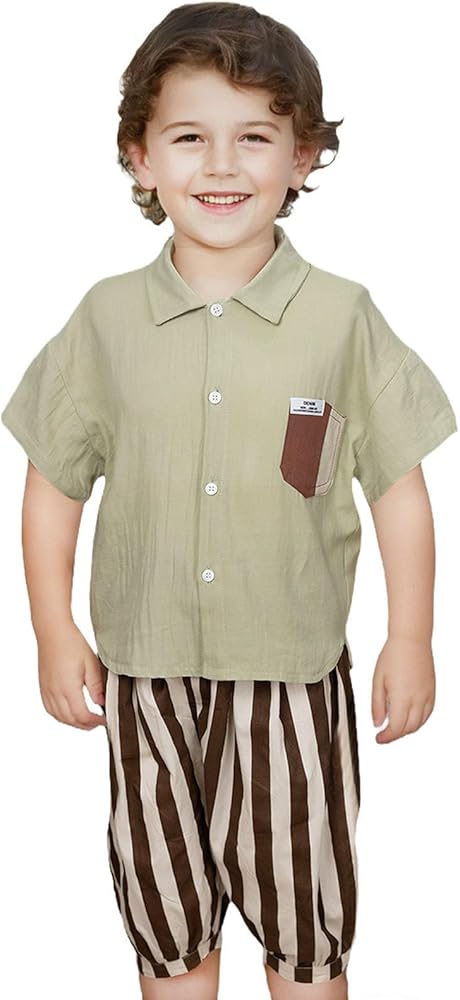 Toddler Boys' Clothing Sets Cotton Short Sleeve Button-Down Shirt Front Pocket Striped Shorts Summer Casual Outfits