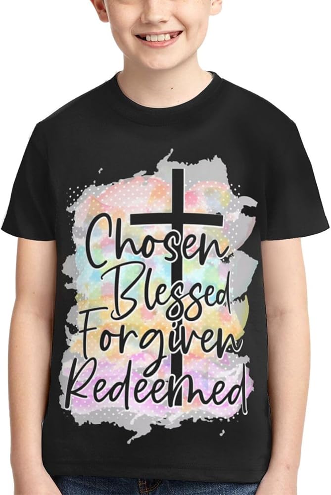 Chosen Blessed Forgiven Redeemed Boys Girls Shirts Kids Short Sleeve Classic Crewneck Top Tee