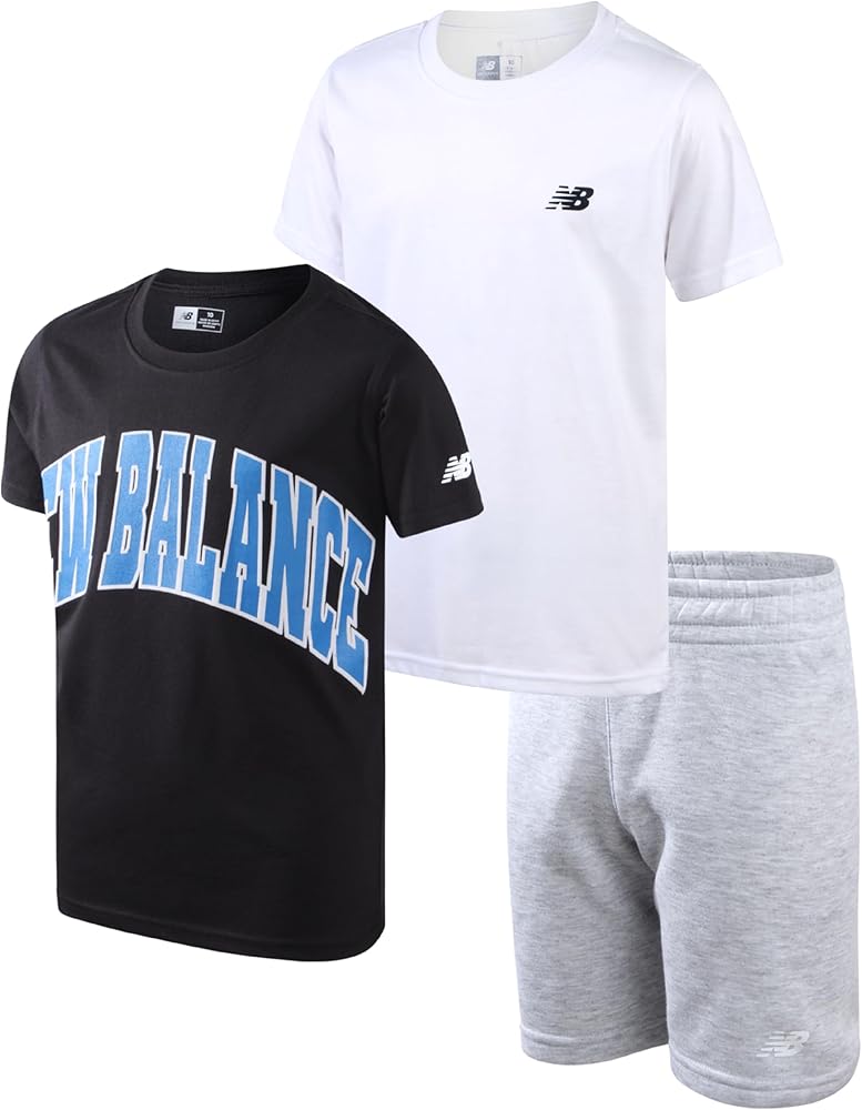 New Balance Boys' Active Shorts Set - 3 Piece Short Sleeve T-Shirt and Performance Shorts - Summer Outfit for Boys (4-12)