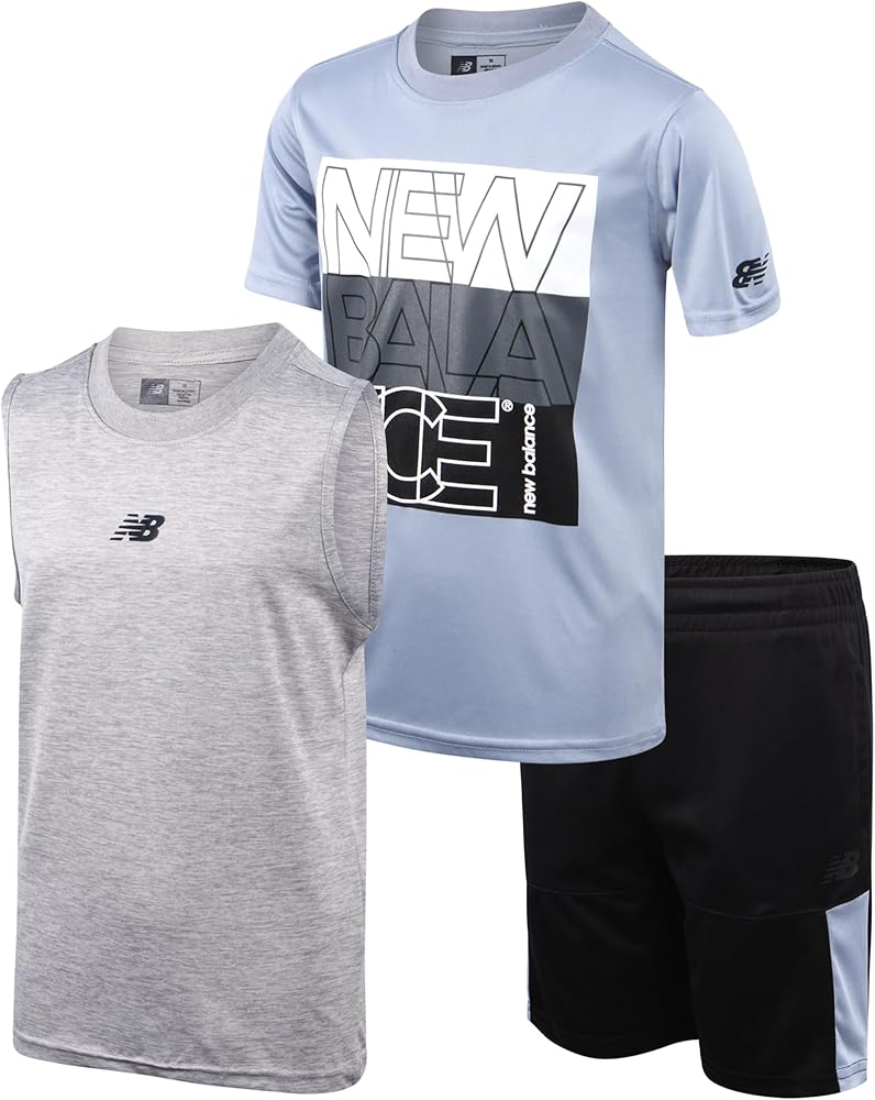 New Balance Boys' Active Shorts Set - 3 Piece Tank Top, Short Sleeve T-Shirt, Athletic Shorts - Boys' Activewear Set (4-12)