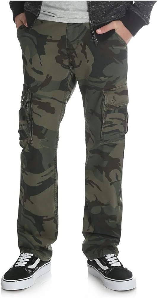 Wrangler Husky Boys' Premium Stretch Cargo Pants with Adjust-to-Fit Waistband (Forest Green Camo) (6 Regular)