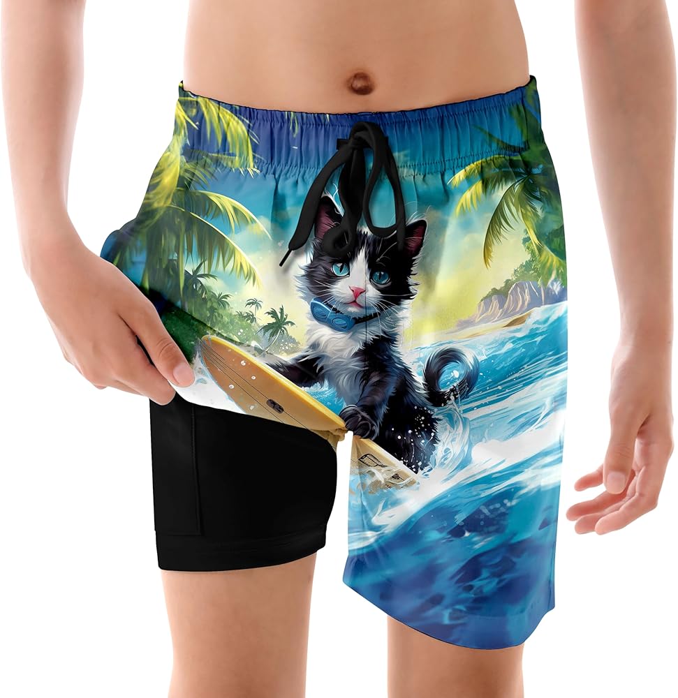 UNICOMIDEA Boys Swim Trunks with Compression Boxer Brief Liner Boys Bathing Suit for 2-18Y Kids